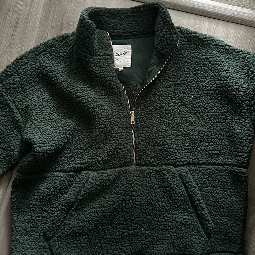 aerie Black Sherpa Half-Zip Jacket with Gold Zipper